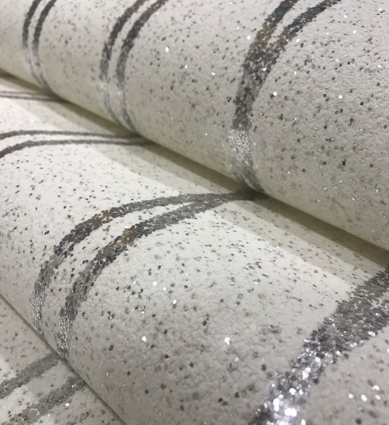Mica Curve Glitter Wallpaper (White With Silver Glitter) - MSC13